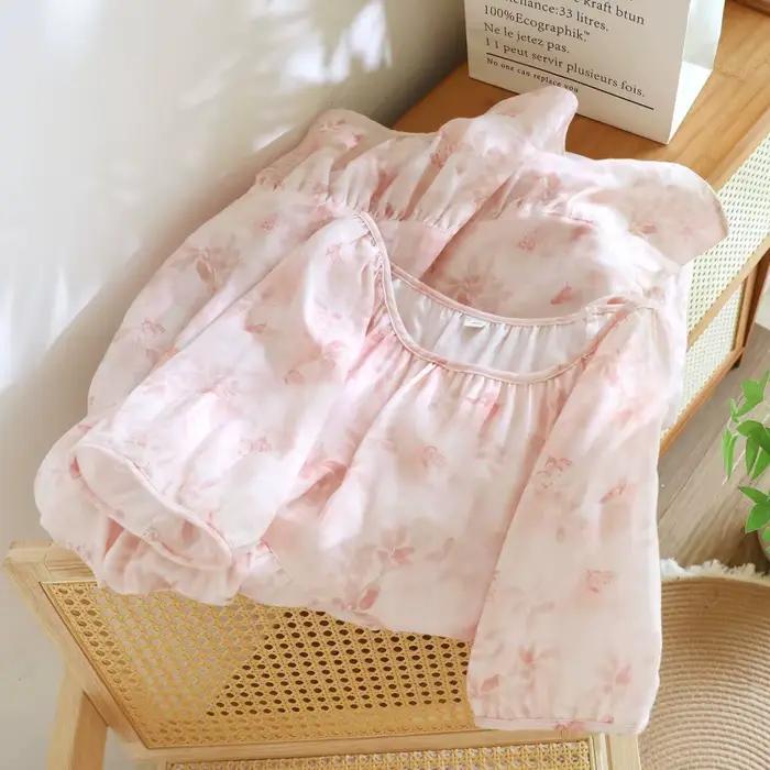 Chemise de nuit à imprimé floral pour femme, robe de nuit en gaze de coton 1 pièce, manches courtes et respirante, légère et polyvalente pour l'été à la maison