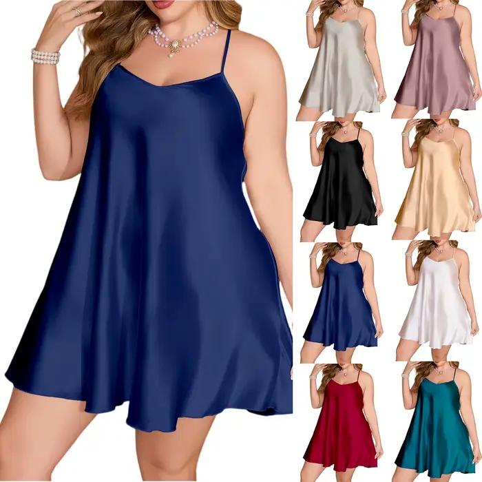 Chemise de nuit d'été grande taille pour femmes, Imitation soie fine, couleur unie, pyjama à bretelles, courte, vêtements de détente décontractés