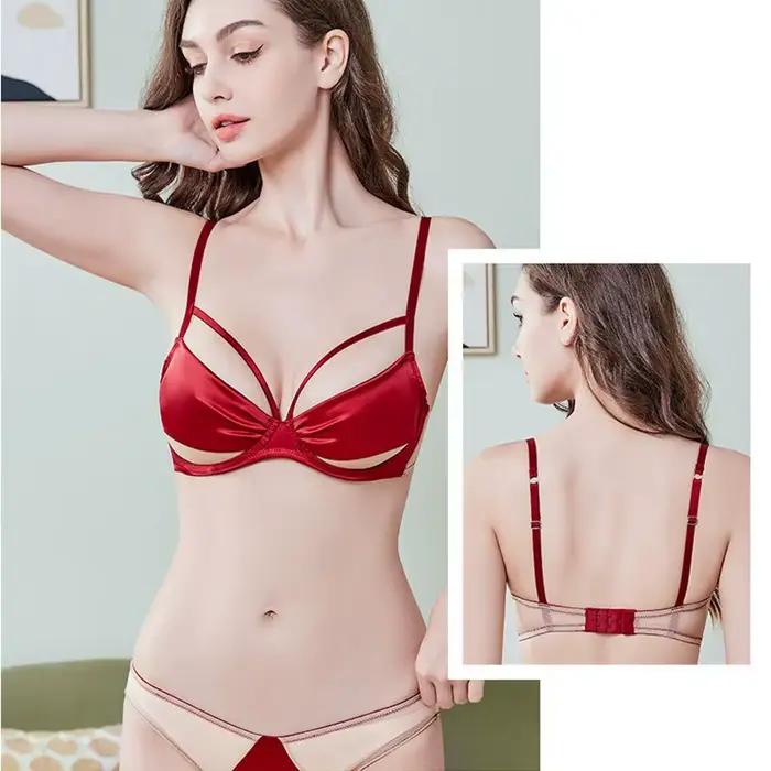 Soutien-Gorge Respirant Anti-Affaissement et Rétractable pour Femme, Sous-Vêtements Rouges, Gros Seins, Sexy, Ultra-Mince, Mariée, Mariage