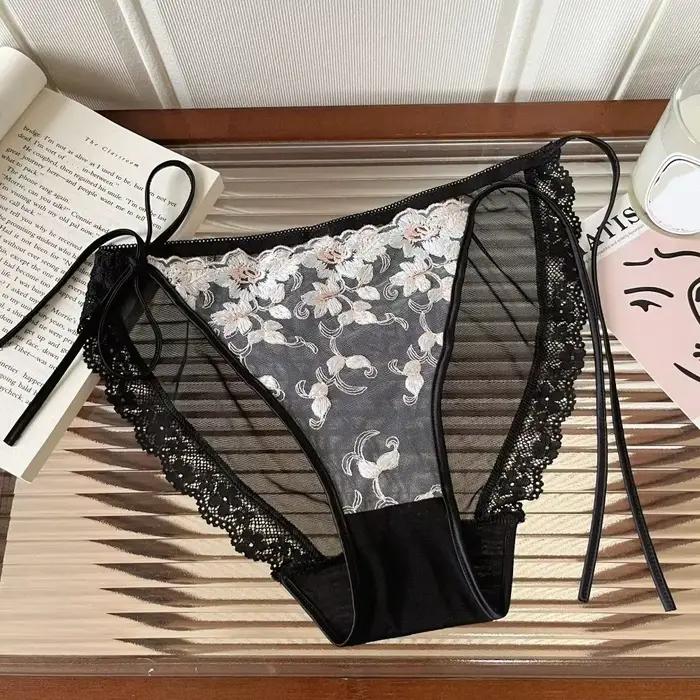 Culotte transparente brodée à fleurs taille basse en dentelle pour femme avec entrejambe en coton