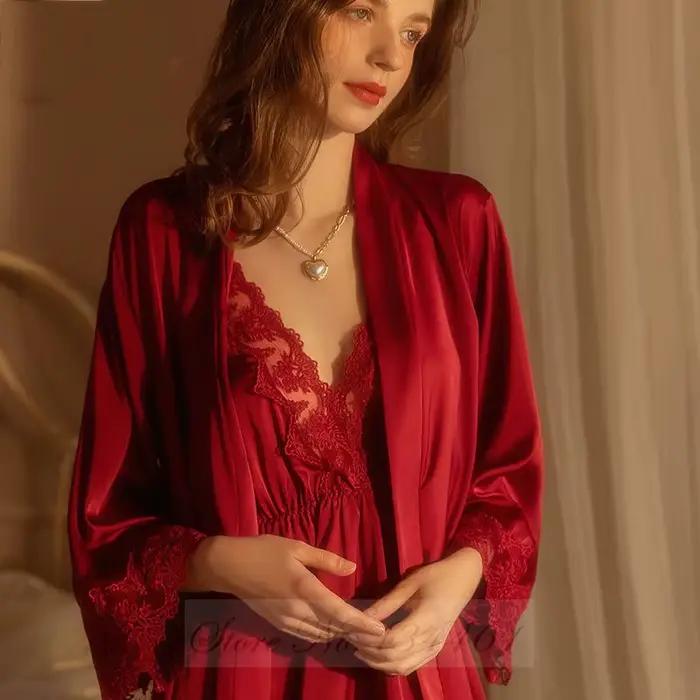 Ensemble de chemise de nuit kimono en dentelle bordeaux, chemise de nuit sexy, robe de peignoir, vêtements de nuit en satin, vêtements de maison d'été, vêtements de détente, 2 pièces