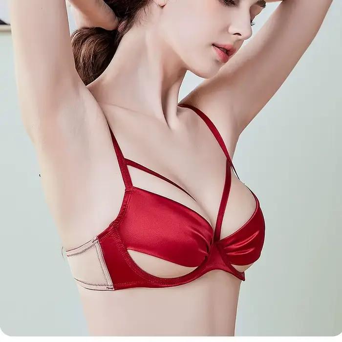 Soutien-Gorge Respirant Anti-Affaissement et Rétractable pour Femme, Sous-Vêtements Rouges, Gros Seins, Sexy, Ultra-Mince, Mariée, Mariage