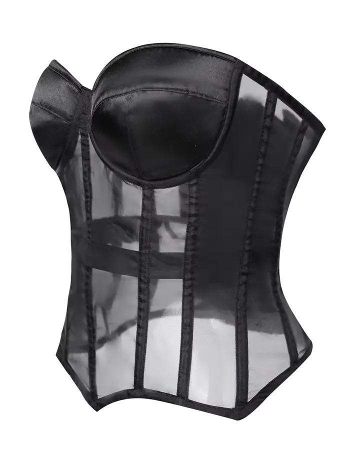 Haut corset sans bretelles en maille transparente pour femme, décolleté cœur, dos lacé, avec baleines pour sculpter la taille