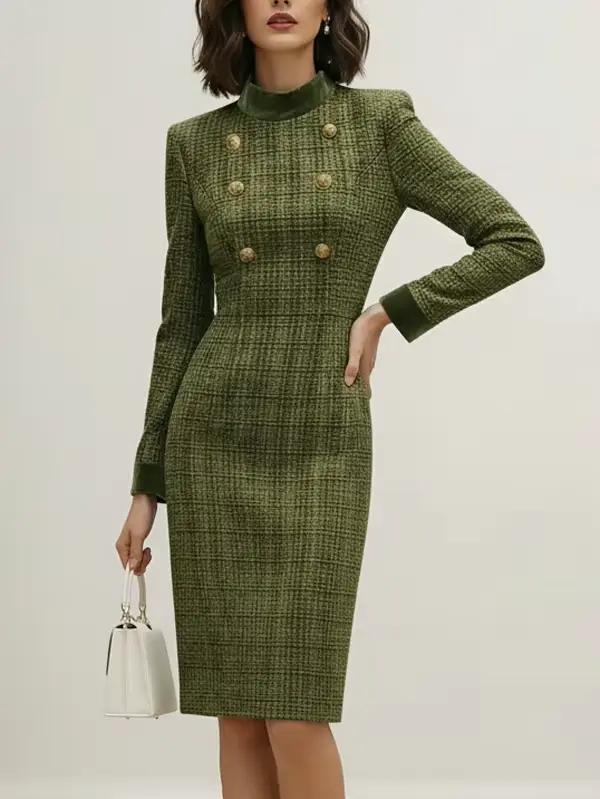 Robe crayon polyester vintage élégante pour femmes ocassions formelles printemps automne style vintage bottonnage doré aux genoux