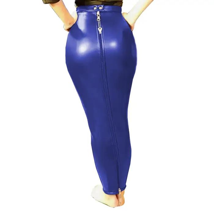Sissy vysoký pás obtiahnutá Hobble Bondage uzamykateľná plná zipsová sukňa pre ženy z PU kože tenké dlhé ceruzkové sukne Goth Fun Kostým S-7XL