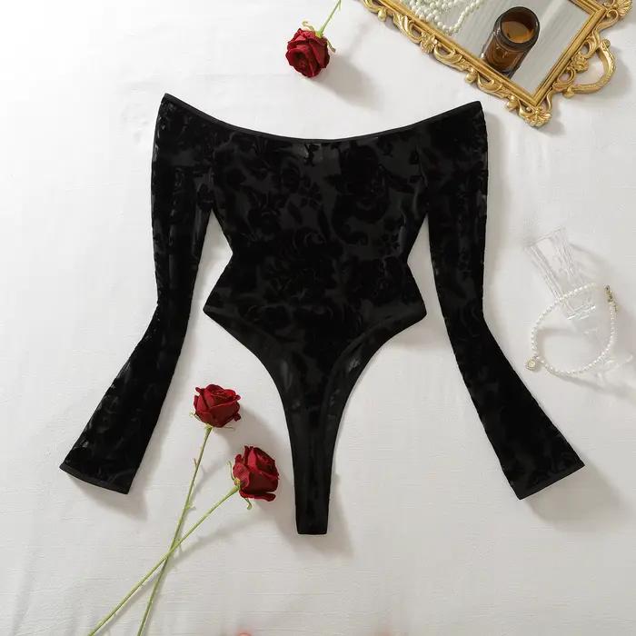 Ellolace Lingerie Sexy Femme Ultra Hot, Body Sensuel à Manches Longues et Épaules Dénudées, Entrejambe Ouvert, Fermeture Avant, Tenues Séduisantes pour Femmes