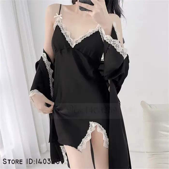 Ensemble de Robe de Mariée Blanche, Kimono Sexy en Rayonne, Chemise de Nuit, Garniture en Dentelle, Vêtements de Maison Décontractés, Lingerie, 2 Pièces