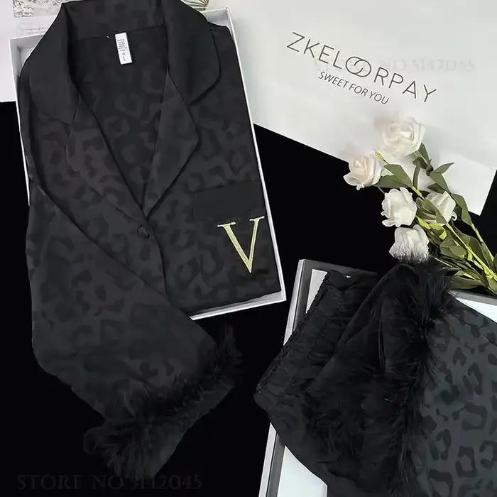 Dámske nočné oblečenie 2-dielne pyžamo Sexy leopard perie nohavice domáce