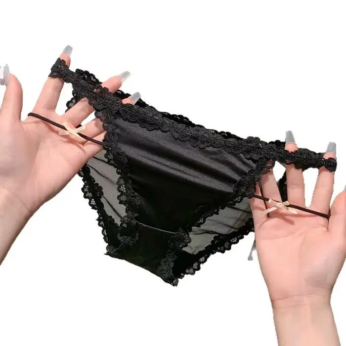 Culottes en dentelle style français, taille basse, fines, en maille ajourée, en satin de soie, pour femme