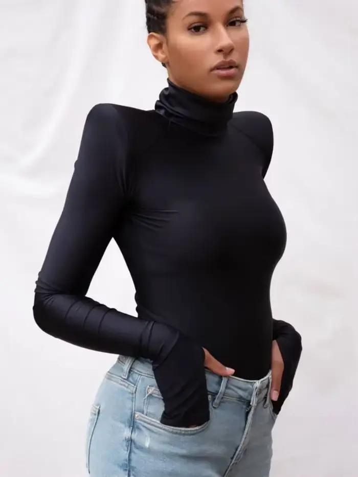 Jednofarebný body s rolákom Sexy dámska lingerie s dlhými rukávmi Y2k topy pre ženy jednodielna Lenceria Femenina