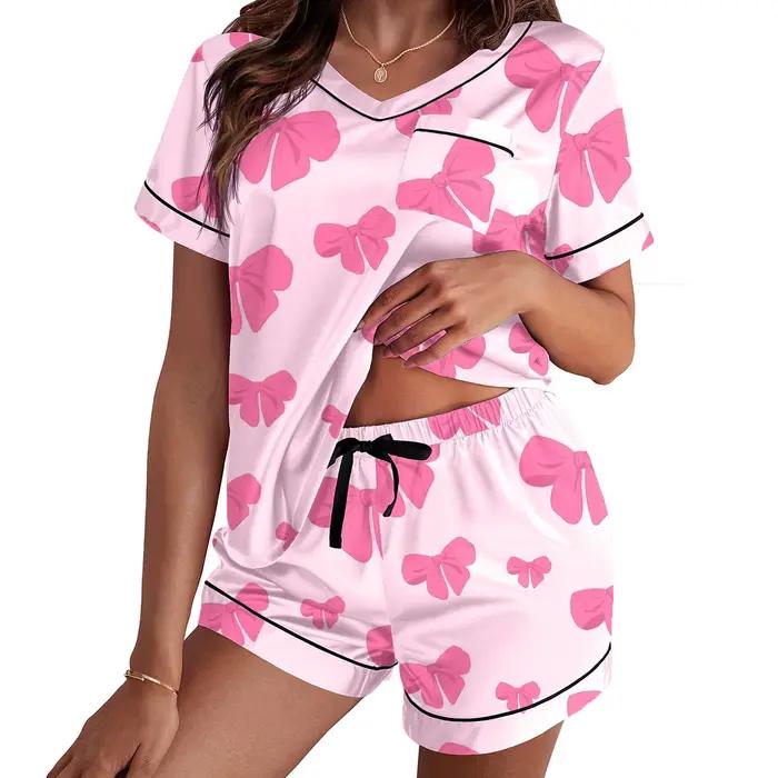Léon's Day-Pyjama en satin imprimé cœur pour femme, ensemble de vêtements de détente, manches courtes, short en Y, vêtements de détente 2 pièces
