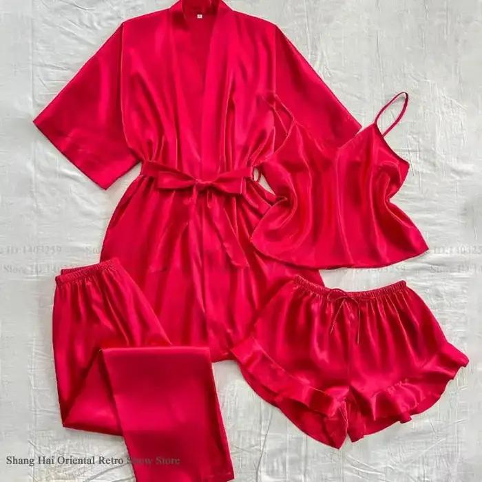 Femmes Pyjamas 4 pièces ensemble printemps été nouveaux vêtements de nuit vêtements de détente Sexy peignoir robe jarretelle Pijamas costume soyeux Satin maison vêtements