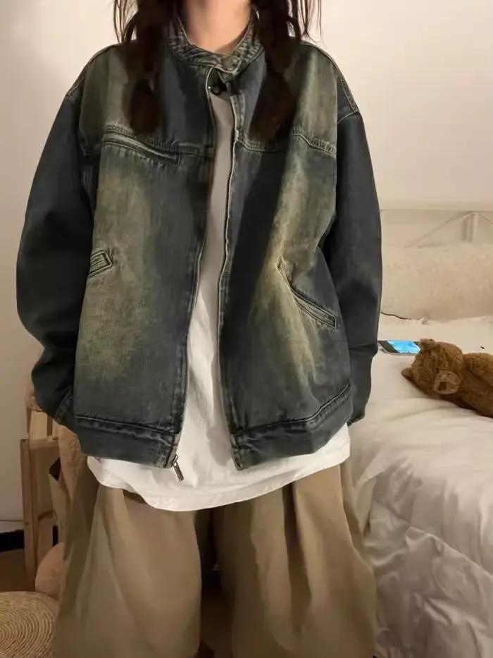 Džínsová bunda vintage vyblednutá amerického štýlu pre ženy
