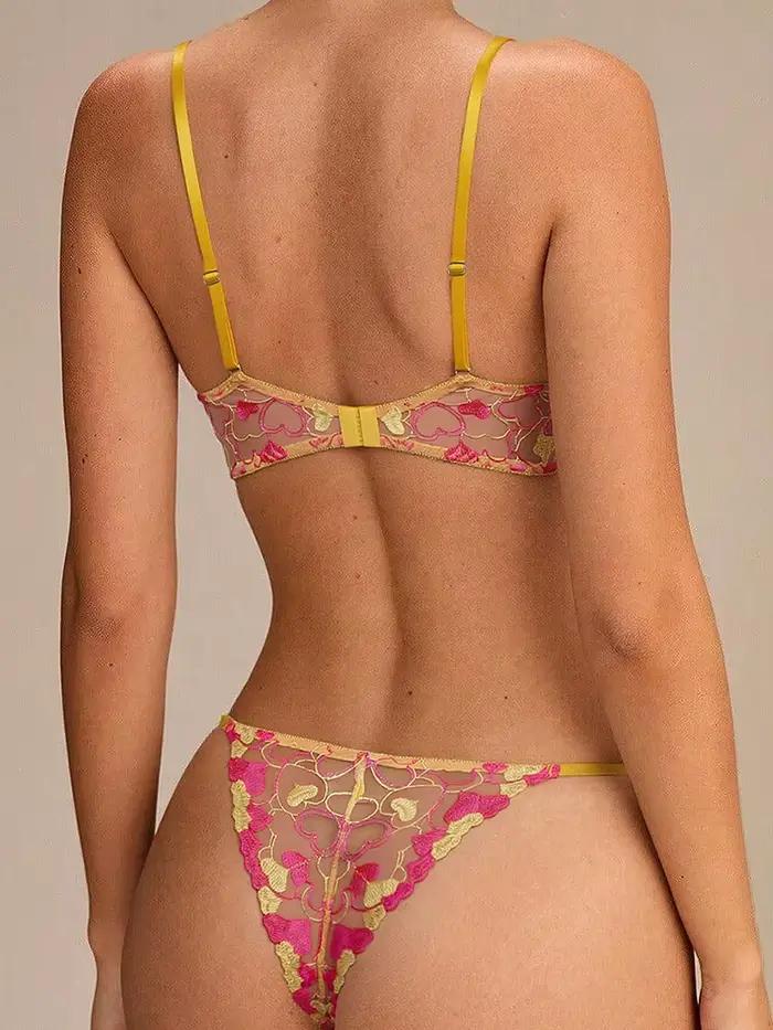 Ensemble de lingerie en tulle transparent avec soutien-gorge brodé floral rose pour femmes, sexy et élégant, idéal pour les occasions spéciales