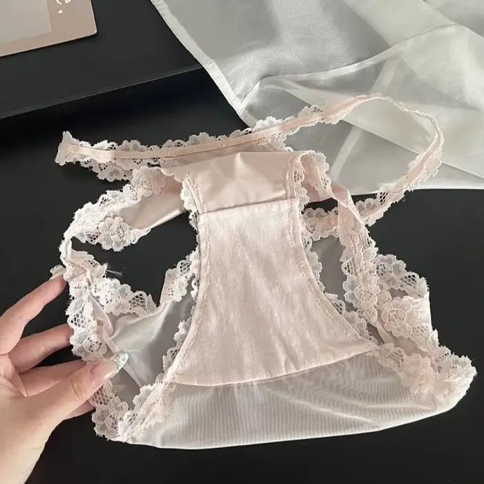 Culottes en dentelle à nœud de style français, transparentes, patchwork, en satin de soie, sans couture, taille mi-haute, en maille, cadeaux