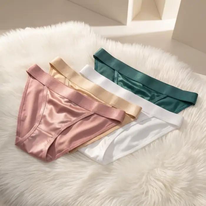 Culottes taille basse en satin de soie, couleur unie, sans couture, en soie glacée, avec entrejambe en coton, sous-vêtements pour femme