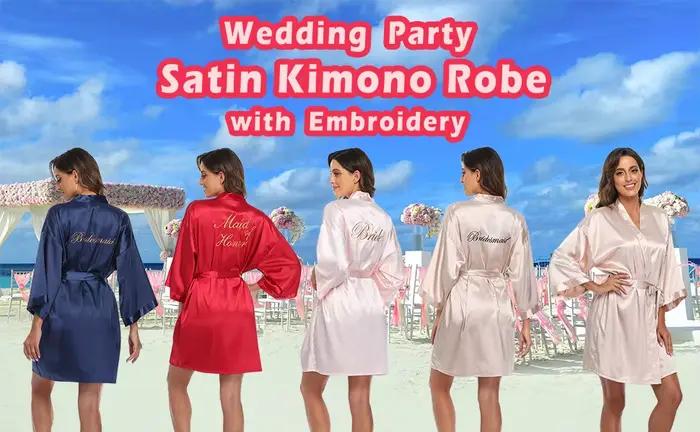 Robe de mariée et de demoiselle d'honneur, kimono de matin, peignoir brodé, robe de mariée, chemise de nuit d'été pour femme, robe de nuit ample en satin, tenue d'intérieur