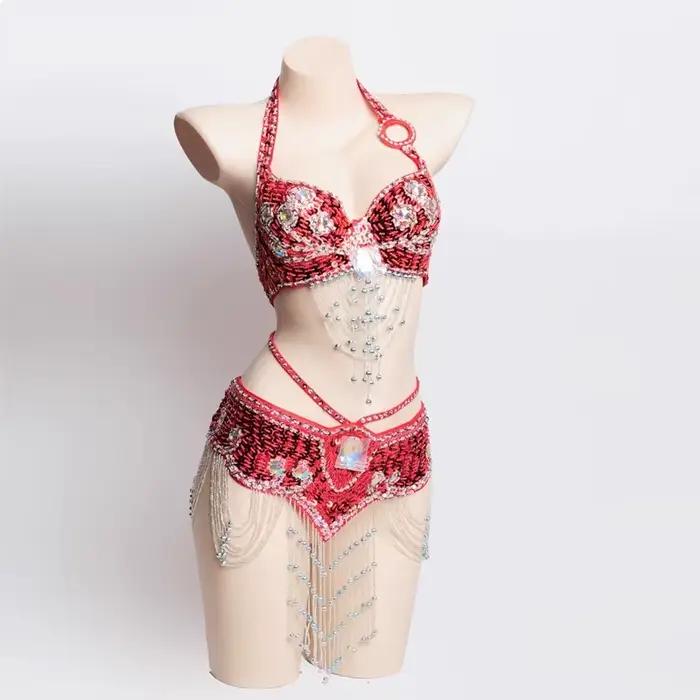 Costume de nuit Sexy pour filles, Costume de danse du ventre perlé fait à la main, soutien-gorge et ceinture, ensemble de 2 pièces pour femmes, vêtements de fête de danse de carnaval