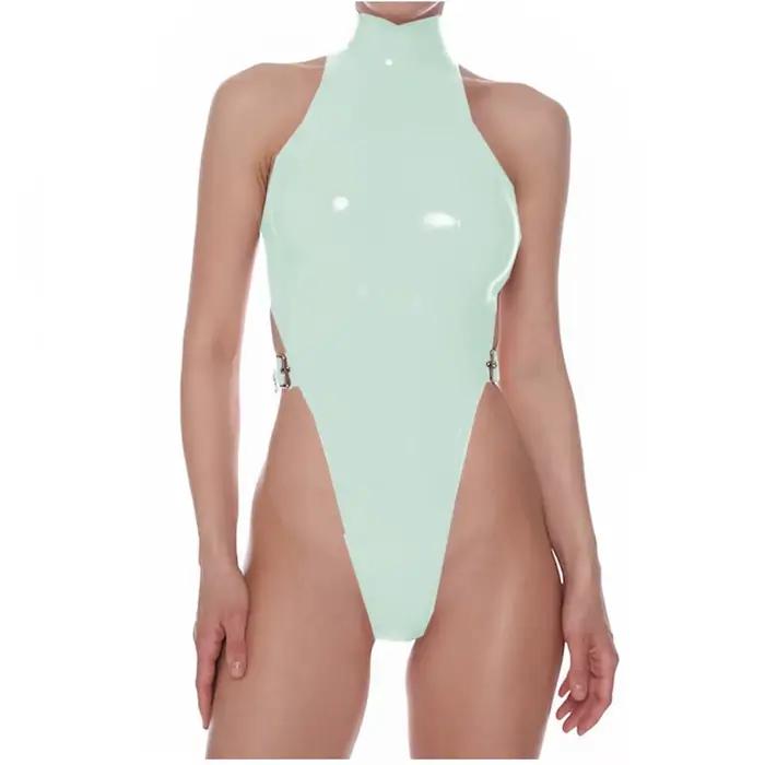 Body en Faux cuir PVC pour femmes, combishort fourreau sans manches, lingerie sexy, body justaucorps une pièce, moulant à boucle