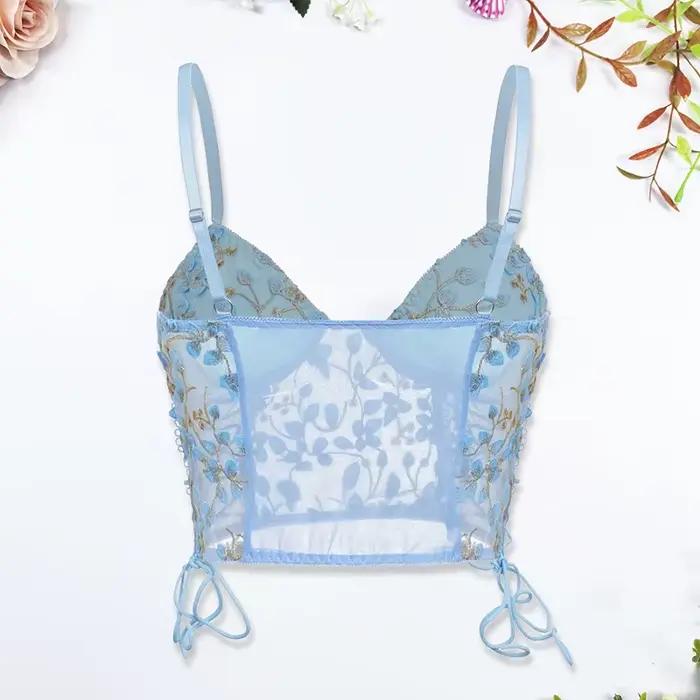 Femmes bleu Camisole gilet soutien-gorge broderie fleur Corsets coupe ajustée polyvalent dame haut Corset Sexy dentelle rayonne Ultra-mince épais soutien-gorge