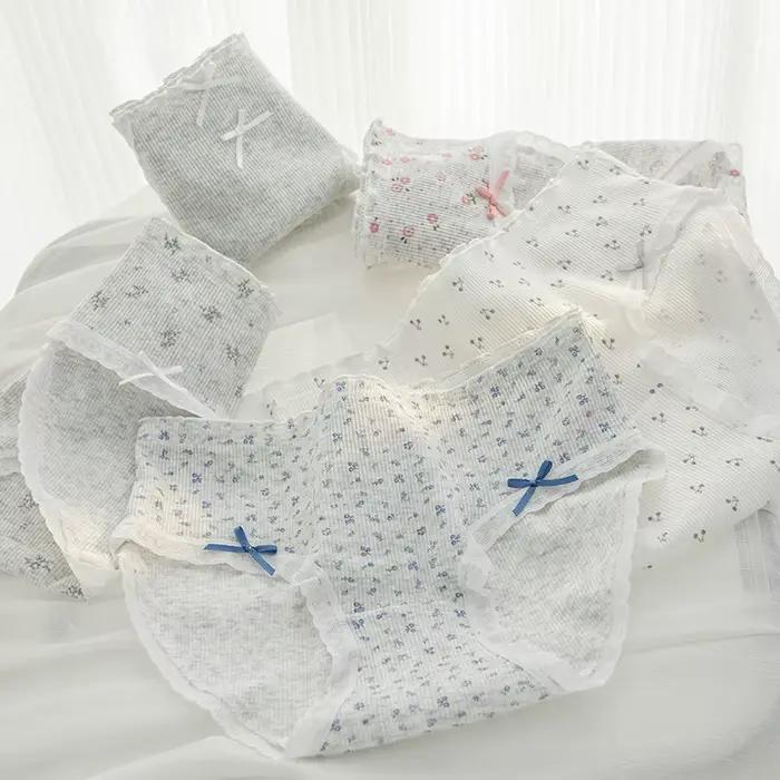 Doux fleur imprimé taille moyenne confortable fille culottes femmes slips mode nœud papillon caleçons été coton culottes intimes