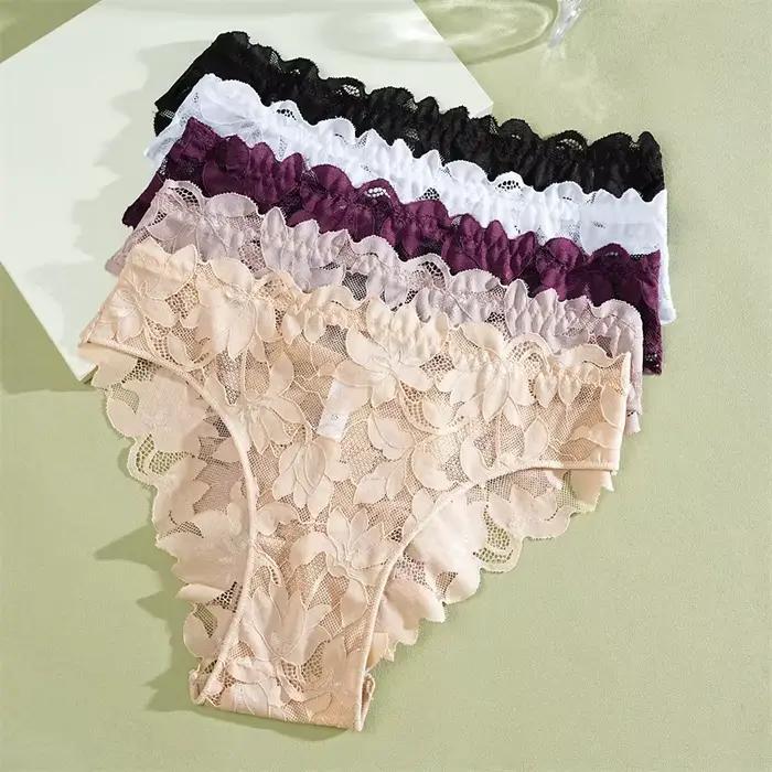 FINETOO 2 pièces femmes Satin sous-vêtements en dentelle florale Sexy évider culotte solide taille basse Perspective slips filles Lingerie douce