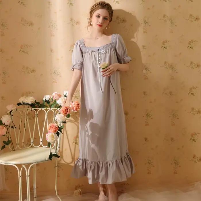Robe pyjama de Style palais pour femmes, en coton, longue, Sexy, rétro, princesse française, manches courtes, couleur unie, vêtements de nuit, 2023