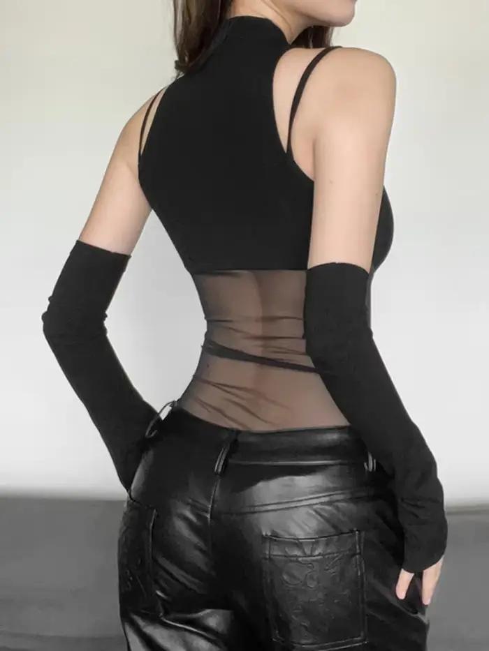 Čierne body Lingerie Sexy pre ženy priesvitný vrchný korzet sieťovaný patchwork jednodielny outfit