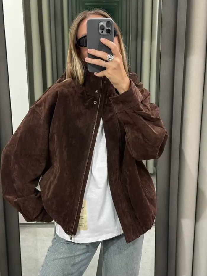 2025 Zima Vintage Hnedá Semišová Voľná Bunda pre Ženy Pohodlný Stojací Golier Hrubé Vrecká Teplý Kabát Jeseň Dámsky Zvrchník Streetwear