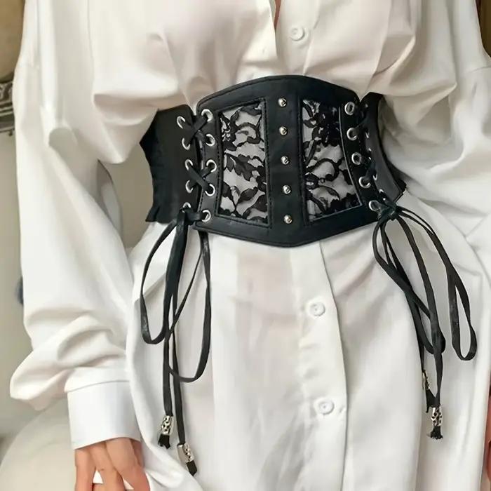 Ceinture corset chic noire à lacets - Ceinture élastique large pour femme |   Parfait pour les fêtes et les sorties décontractées