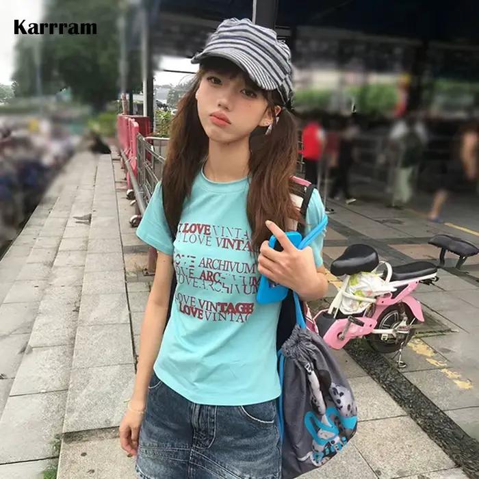 Karrram japonské Y2k tričko s potlačou písmen Trashy 2000s štýl krátky top Vintage Harajuku krátke rukávy