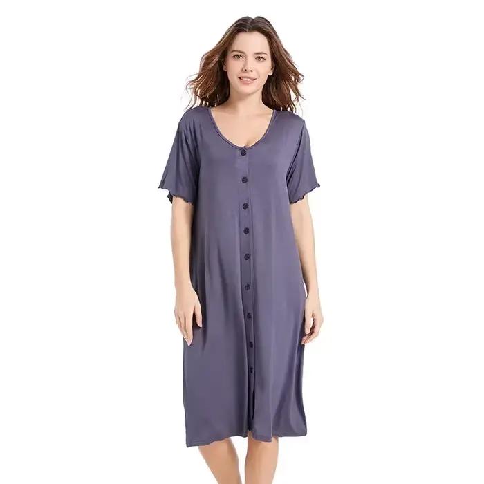 Robe de nuit d'été Sexy à manches courtes, avec boutons, mi-longue, confortable, lisse, en Viscose, vêtements de maison pour femmes