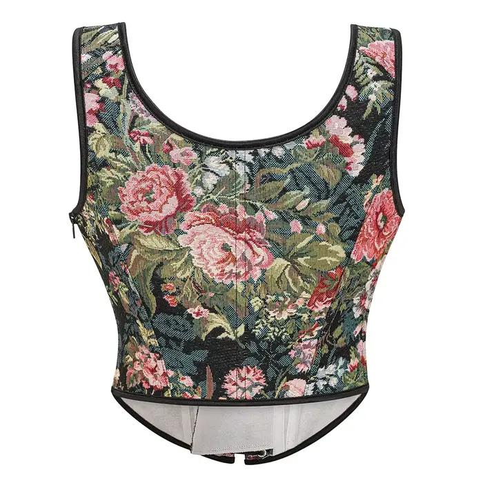 Bustier noir à motif floral avec baleines, gilet sexy style steampunk, corset amincissant médiéval pour femme, haut gothique à lacets, vêtement vintage