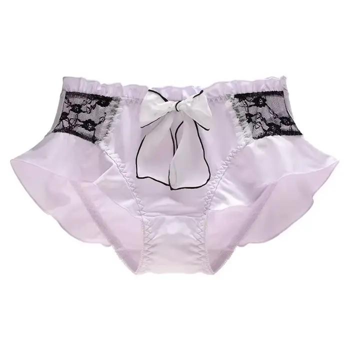 Culottes pour femmes en soie de lait, douces, mignonnes et adorables, style Lolita, avec dentelle, volants, nœuds en ruban, élastiques, respirantes, couleur bonbon