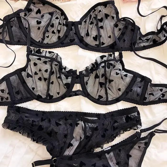 Ensemble de lingerie sexy ultra mince pour femme, soutien-gorge respirant, soutien-gorge push-up, maille, romantique, pêche, coeur, intimes, été, 2 pièces