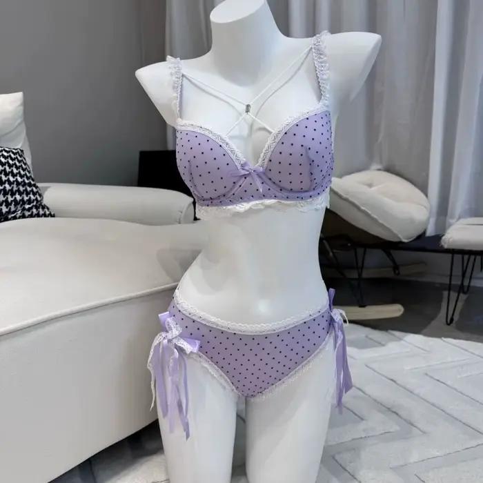Ensemble soutien-gorge et culotte en dentelle à pois avec nœuds, lingerie sexy push-up pour femme