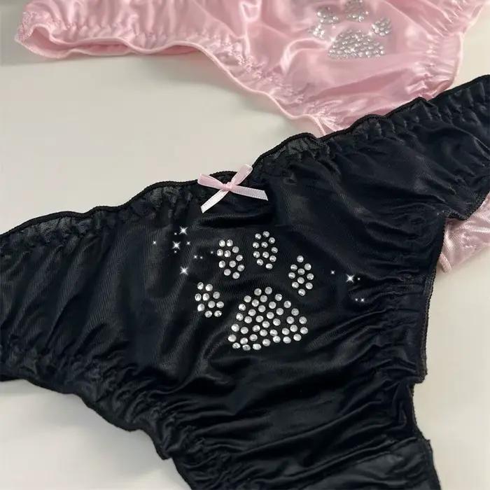 Culottes Lolita Patte de Chat Kawaii en Coton avec Strass, Strings Confortables Quotidiens, Slips Doux à Volants pour Fille