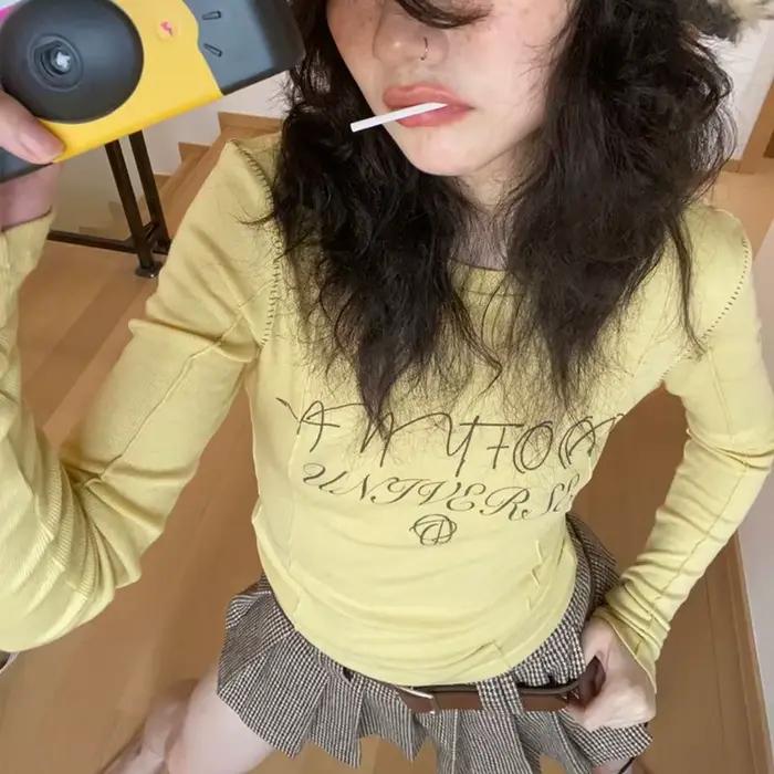 Karr233 Y2K Tričko so žltými rukávmi pre dievčatá Streetwear