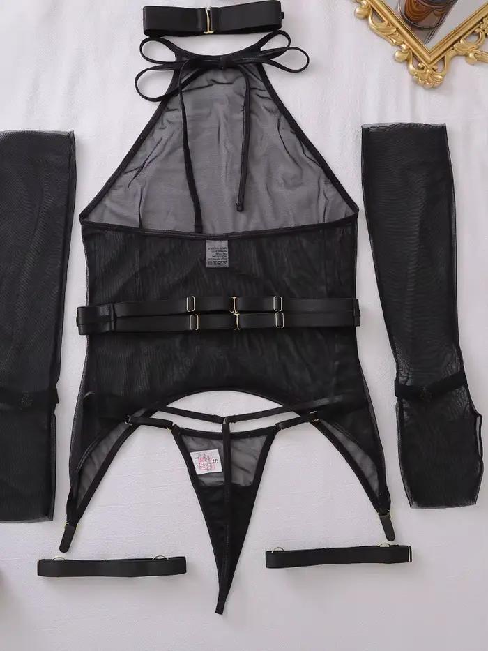 Body en dentelle noir moulant transparent, lingerie sexy érotique pour femme, avec gants et porte-jarretelles, ensemble soutien-gorge babydoll sissy