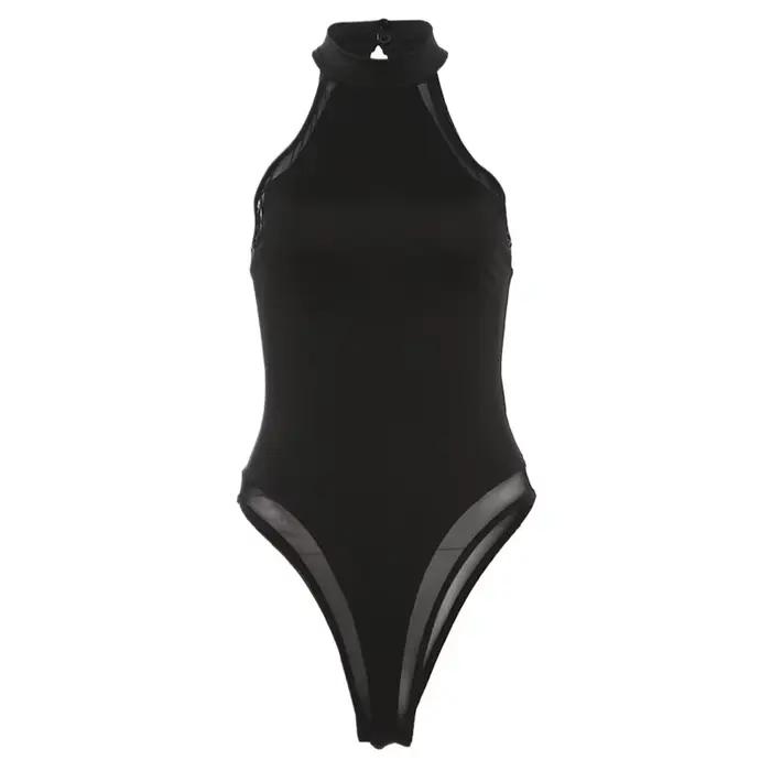 Body basique une pièce à bretelles croisées avec empiècements en maille latérale, style Y2K, tenue moulante sexy, Mall Goth pour femme