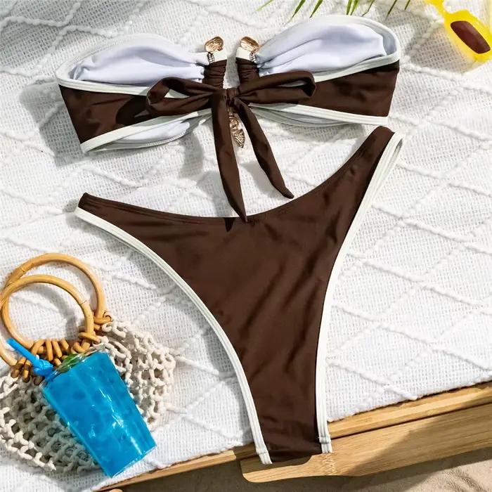 Ensembles de bikinis bandeau marron 2026, maillot de bain sexy pour femmes, maillot de bain bicolore, boucle métallique, maillot de bain à découpe haute, bikinis de mujer