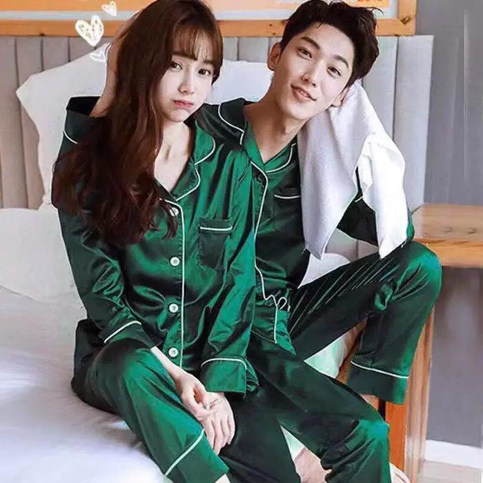Pyjamas de couple en satin doux et confortables pour homme et femme, pour dormir ou se détendre à la maison, pour les saisons printemps, été et automne