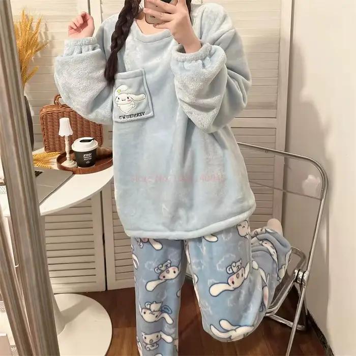 Pyjama d'hiver en flanelle Cinnamoroll, Kuromi, My Melody, style anime kawaii, en velours corail, chaud, pour la maison, cadeau pour fille