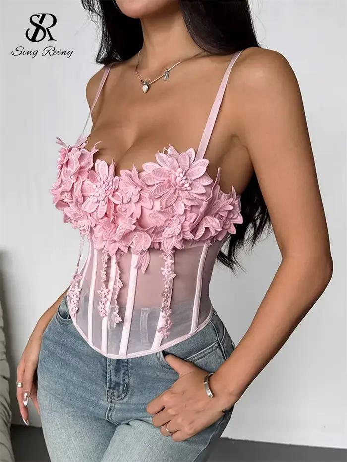 SINGREINY pure gaze 3D fleurs Corset femmes rose Sexy bretelles mince hauts mode Streetwear dames court français Chic doux Camis