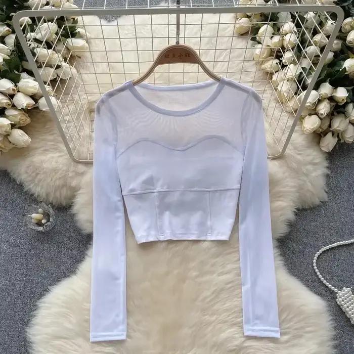 Dámske elegantné priesvitné sieťované patchworkové dlhé rukávy krátky top tenký sexy kórejský tričko módne okrúhly výstrih jeseň