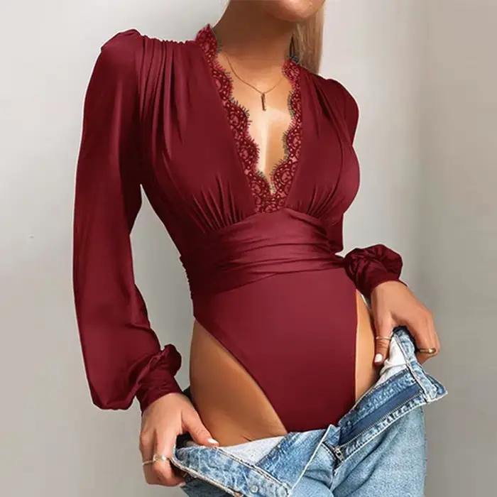 Sexy čipkovaný body s dlhými rukávmi pre ženy