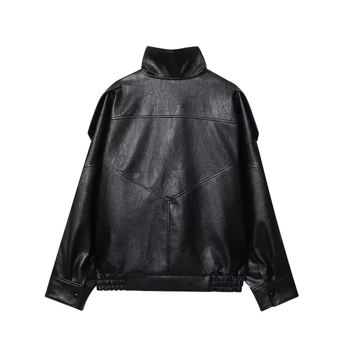 MUJER Dámska bomber bunda z umelej kože, čierna, oversized