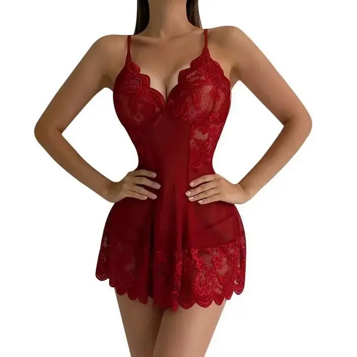 Ensemble de Lingerie Sexy en dentelle, chemise de nuit courte pour femmes, sous-vêtements en Perspective, robe Slim à bretelles, Costume exotique Lolita, vêtements de nuit Sexy
