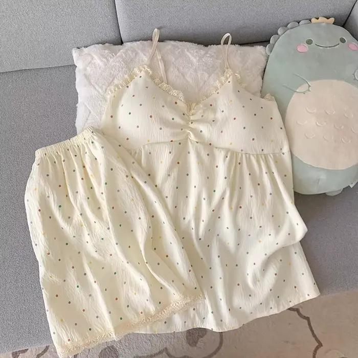 Ensemble de pyjama pour femmes, camisole colorée à pois avec coussinets de poitrine, vêtements de nuit deux pièces, col en V en dentelle, sans manches, pyjama doux et confortable