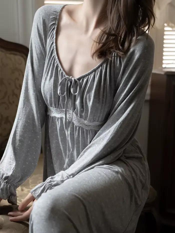 Belamimi – chemise de nuit Sexy de Style français pour femmes, avec coussinet de poitrine, manches longues, pyjama confortable en coton Modal pour vêtements de maison